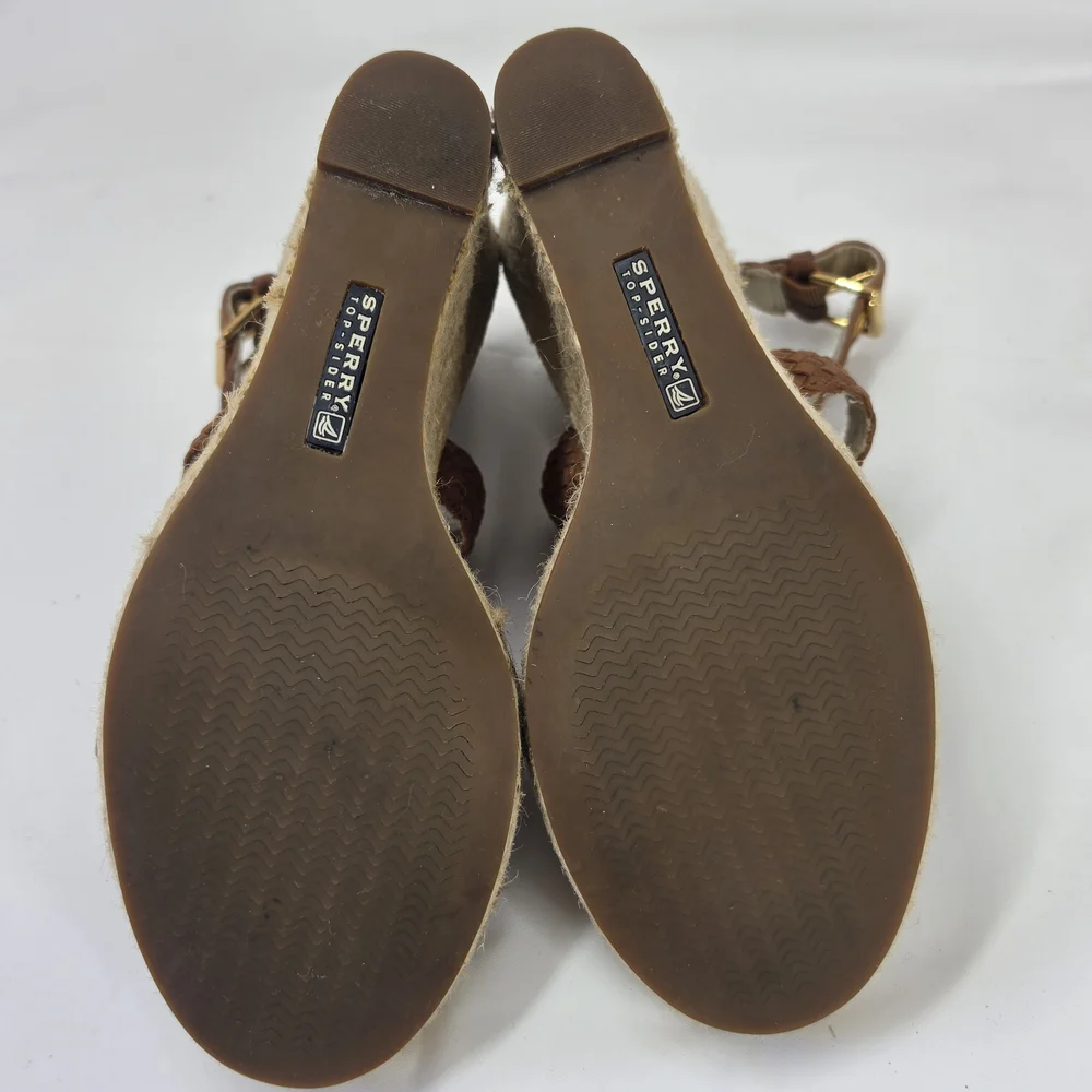 Sperry Espadrille Wedge Sandals Women's 7.5 Brown Braided Leather Strappy Heels